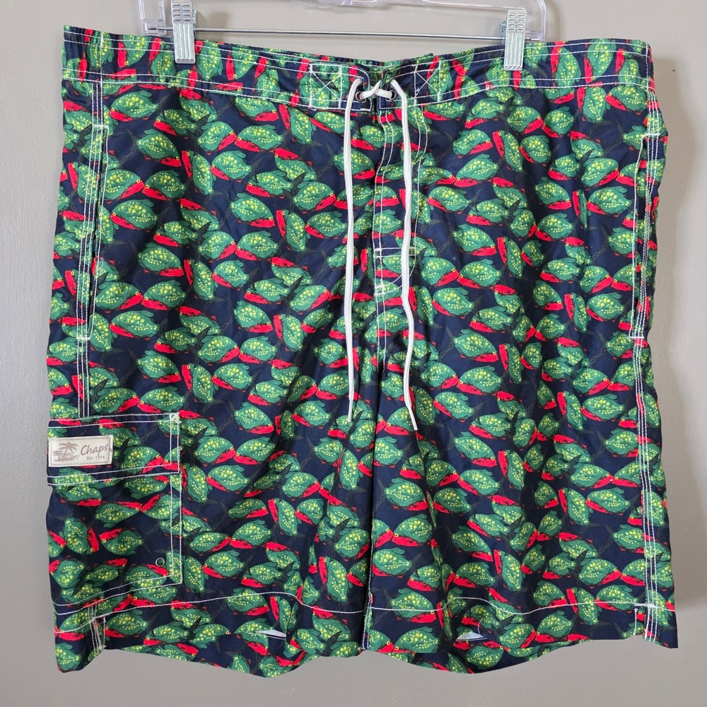 Chaps Mens Tropical Fish Swim Trunks Size XL Navy Blue Green Red Beach